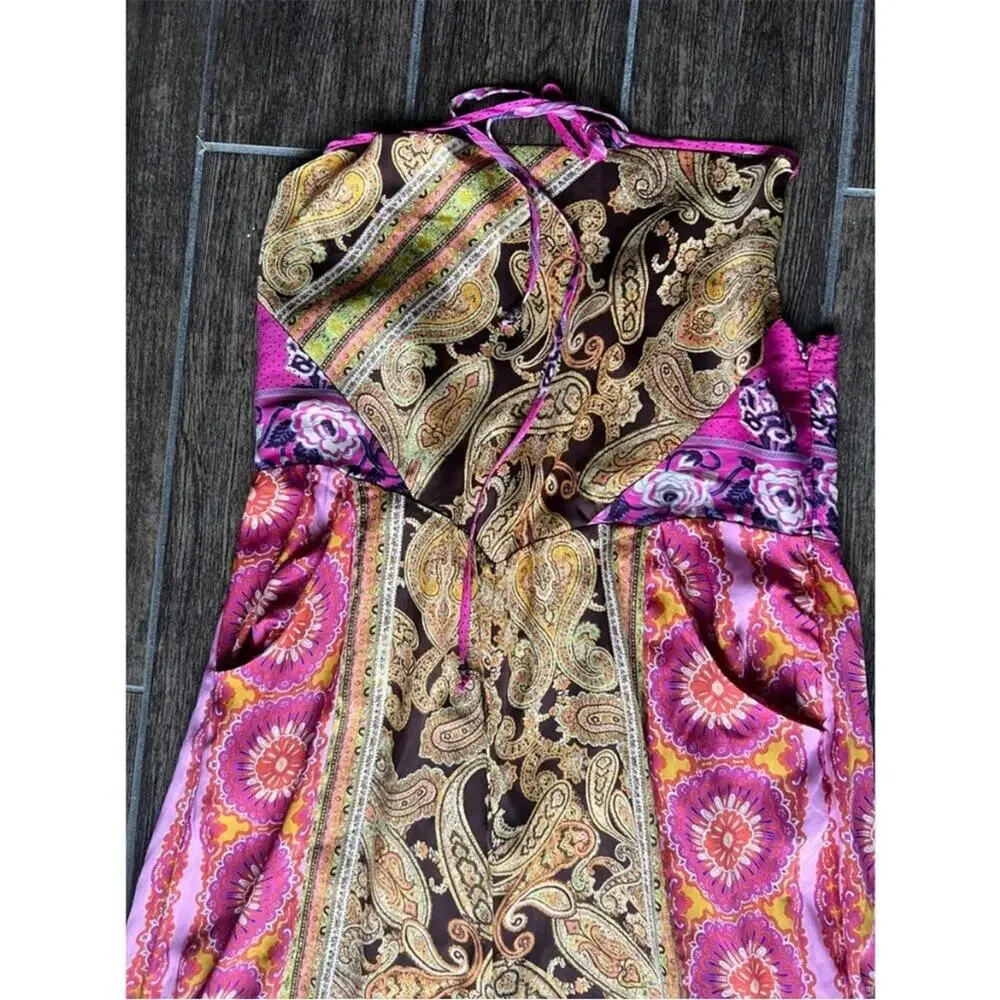 FREE PEOPLE Miranda Printed Jumpsuit In Jewel Combo Large Bohemian Pink and Gold